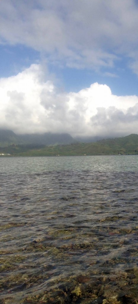 Another view of Kaneohe Bay, with the coral reef visible in the foreground. 