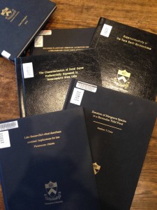 A sampling of theses from different departments - from top to bottom, AST (inclined planetary orbits), CHM (superconductivity in rare earth borocarbides), MOL (novel genes in hematopoietic stem cells), EEB (species zonation) , and GEO (earth structure and Pleistocene climate). 