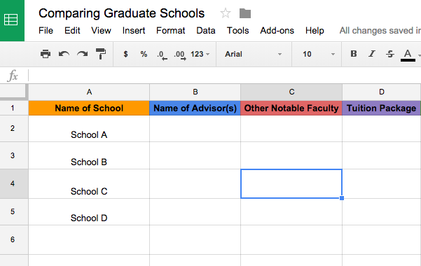 It may be helpful to create an excel spreadsheet to compare schools!