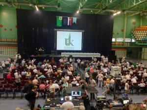 Participants gather for the opening ceremony of the Esperanto World Congress in Slovakia.