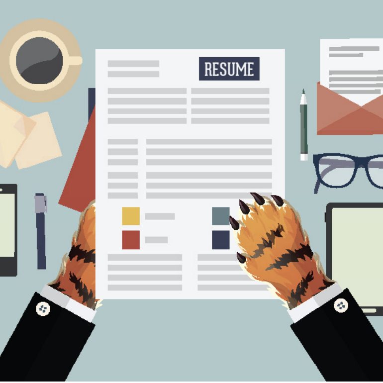 Illustrated resume on a desk being held by anthropomorphic tiger paws/hands. Tiger is wearing a suit. Desk is covered in writing/working items like pens, reading glasses, and coffee.