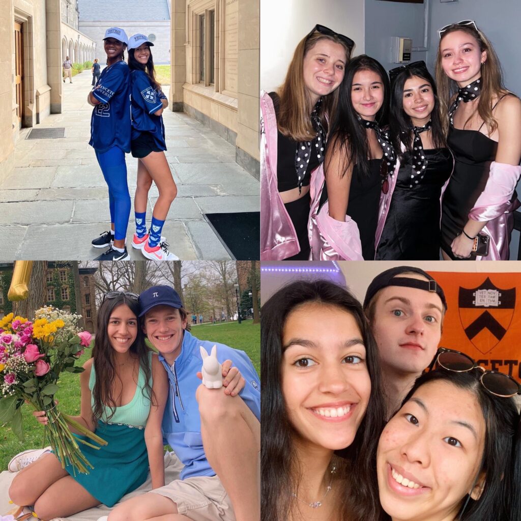 Set of four images depicting Princeton students. Top left: two Princeton students decked out in Princeton gear, standing back to back and smiling at the camera. Top right: Four Princeton students wearing pink jackets and dotted scarves smile at camera. Bottom Left: Two students sit on the green, one holding flowers the other holding a small bunny figurine. Bottom right: Three Princeton students smile at camera in front of a Princeton flag