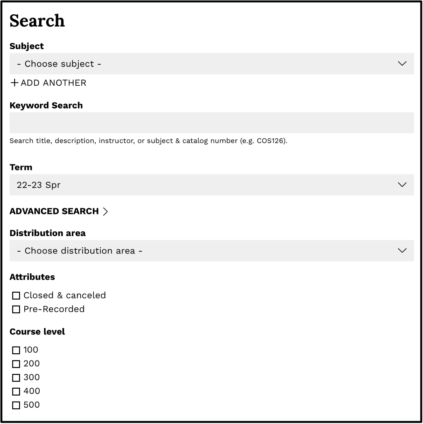 a screenshot of the search tools on the course offerings website