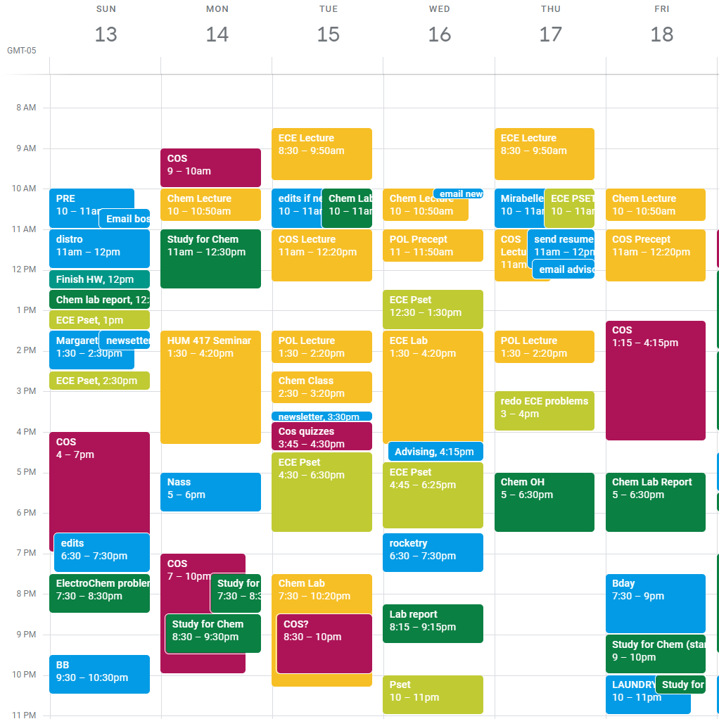 screenshot of a google calendar schedule