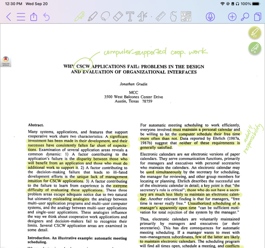 Image of an annotated course reading with highlighting and notes in the margins