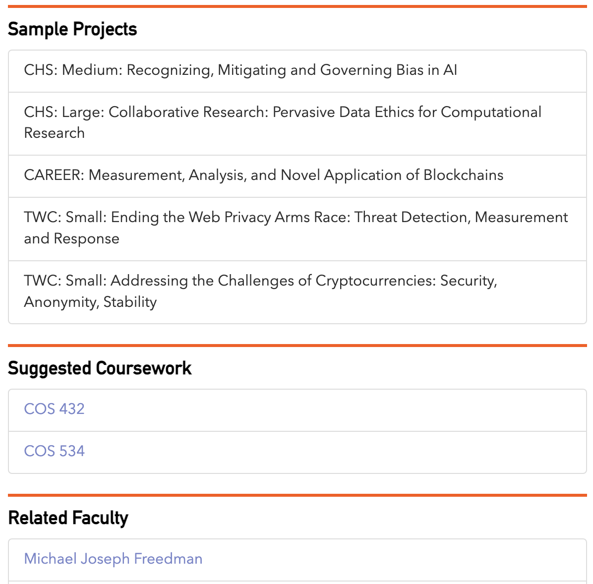 View of the sample projects, suggested coursework, and related faculty from Professor Narayanan's page