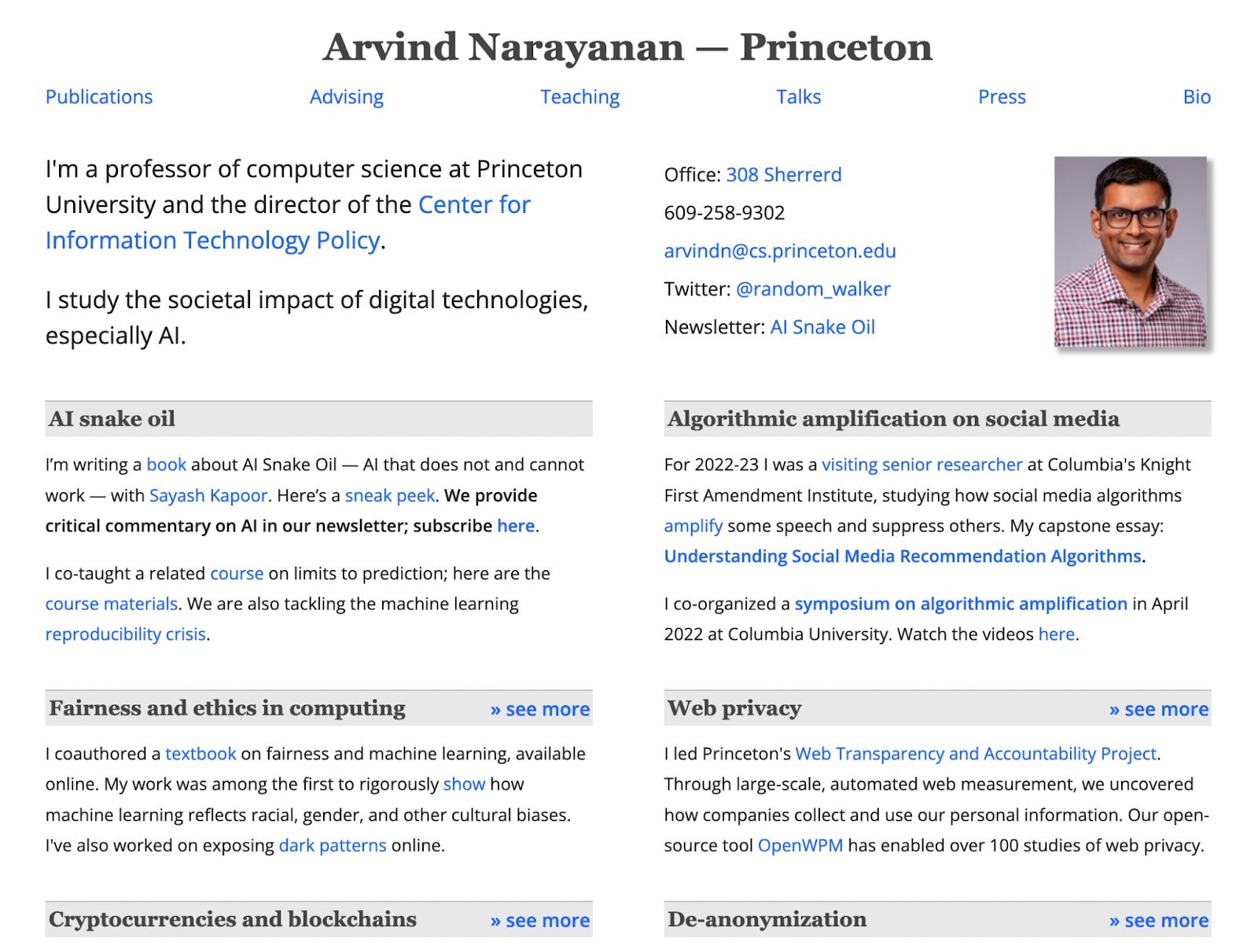 Image of Professor Narayanan's website, linked from TigerResearch