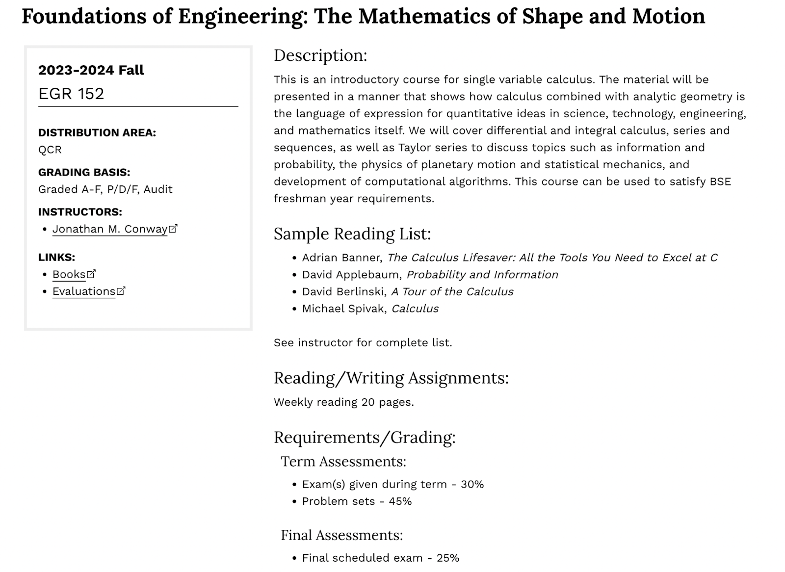 Screenshot depicting course description of EGR 151. Link in caption leads to full version.