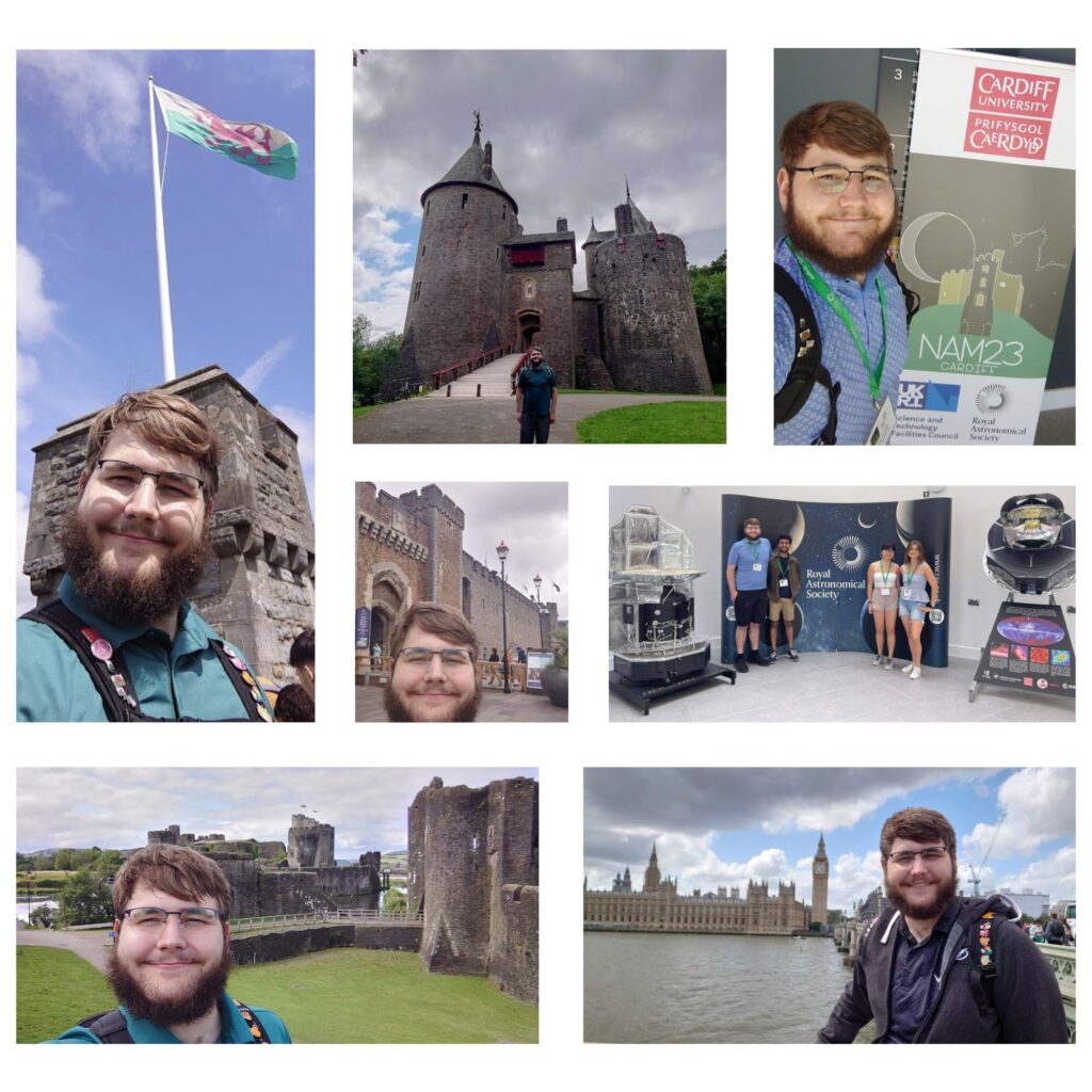 Photo collage with selfies of student Xander Jenkin at Welsch Castles, Big Ben, and the National Astronomy Meeting 2023 conference
