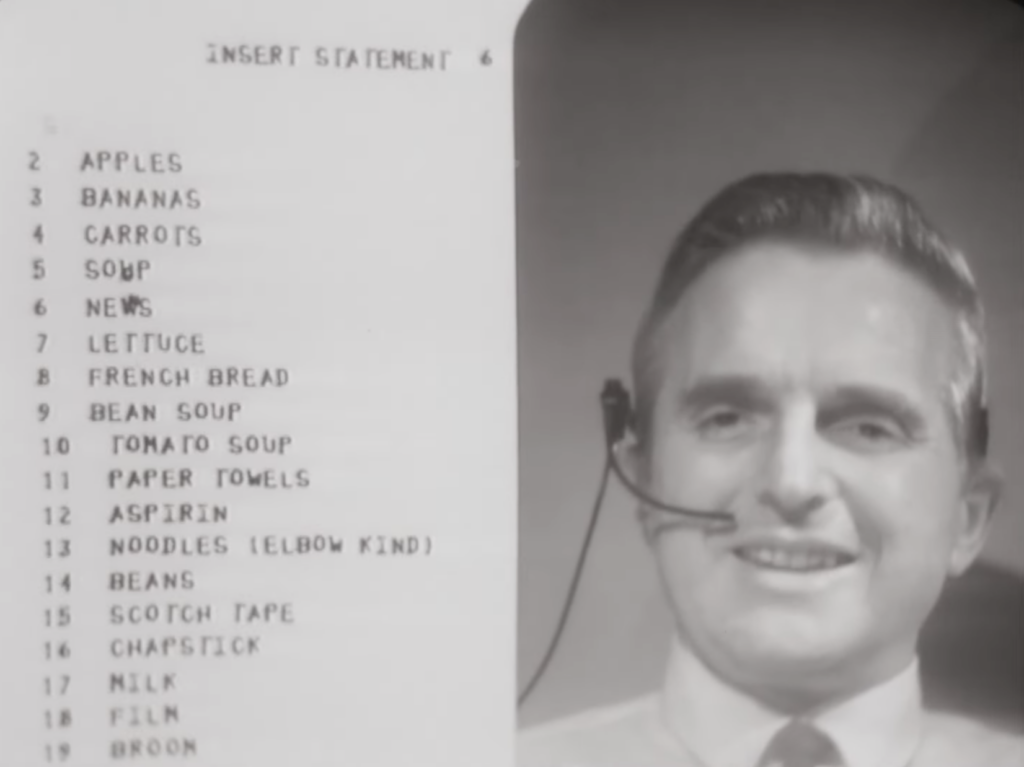Monochrome split screen with list of grocery items on the left and smiling, middle-aged man on right giving demo