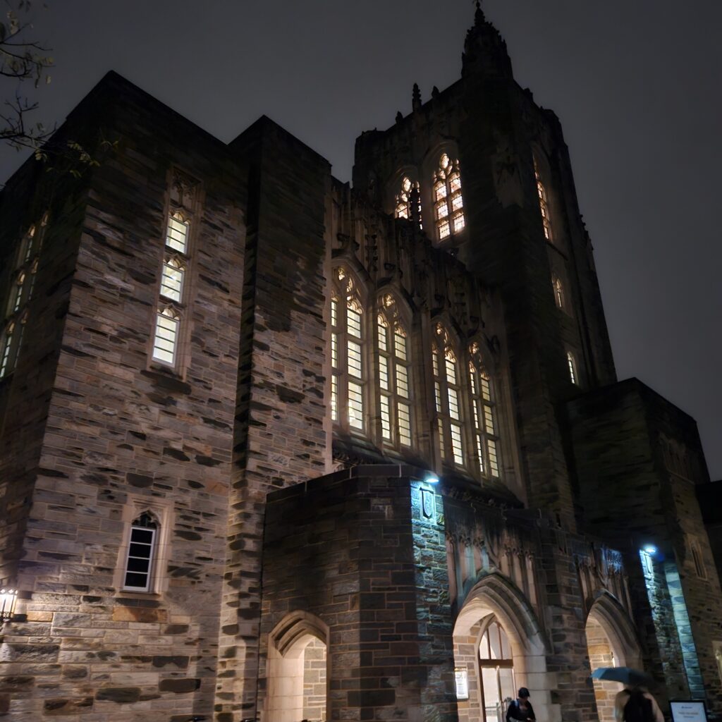 Image of Firestone Library as seen from Firestone Plaza in the evening