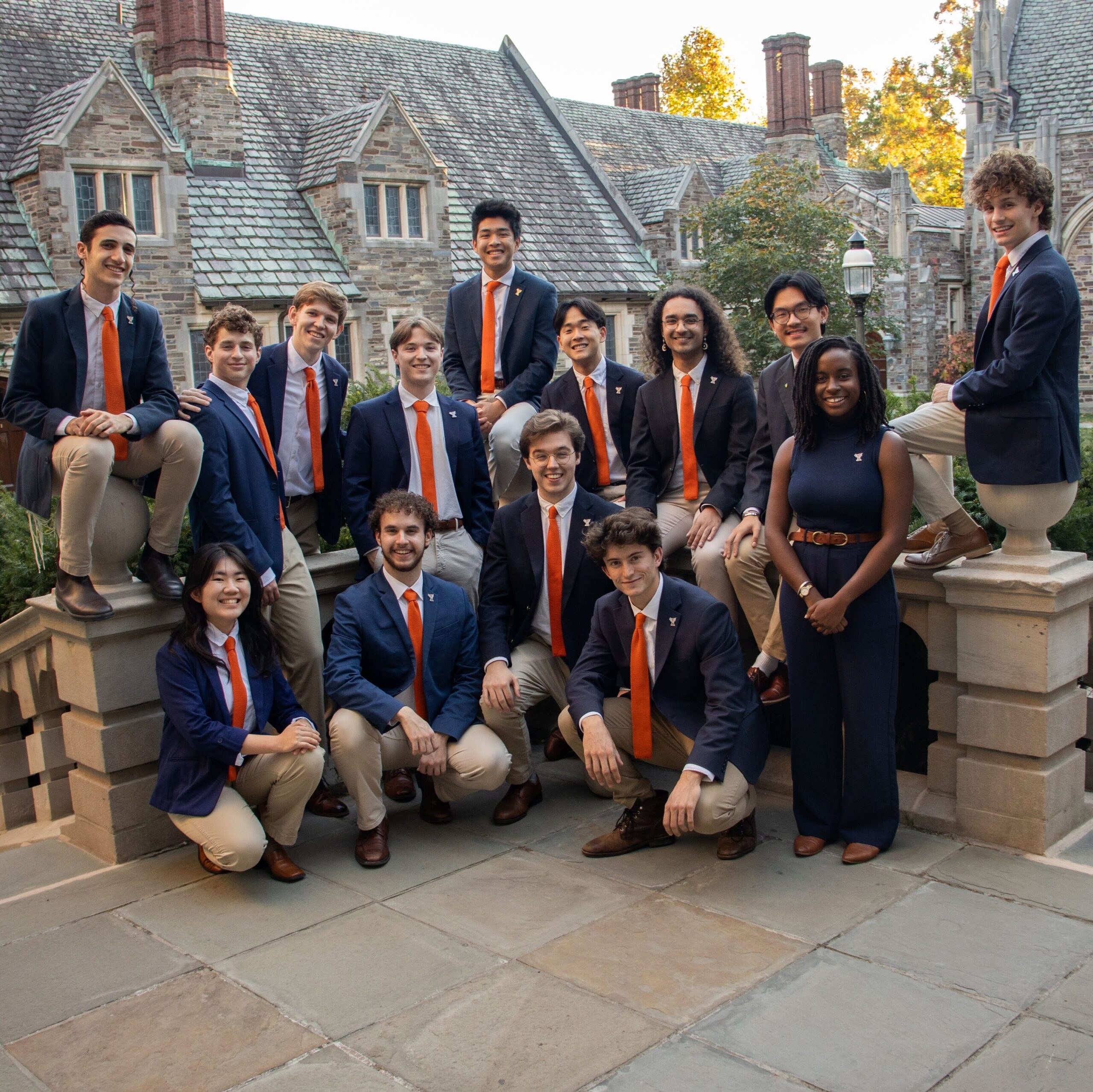 Photo of the members of the Princeton Footnotes in the year 2024-2025, taken at Rocky courtyard