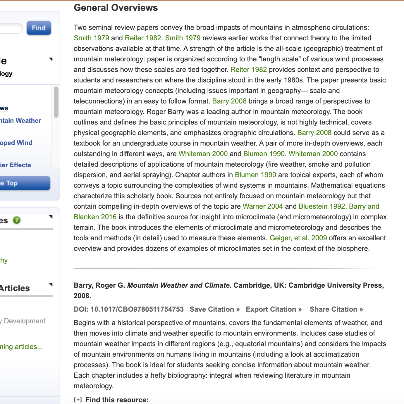 An example annotated bibliography, from Oxford Bibliographies, on mountain meteorology.