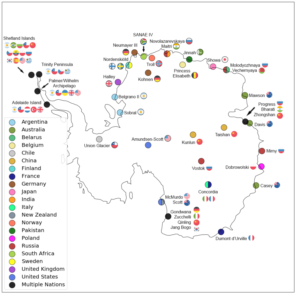 A figure of national research stations in Antarctica, which I recently created for my research using the Python library Cartopy.