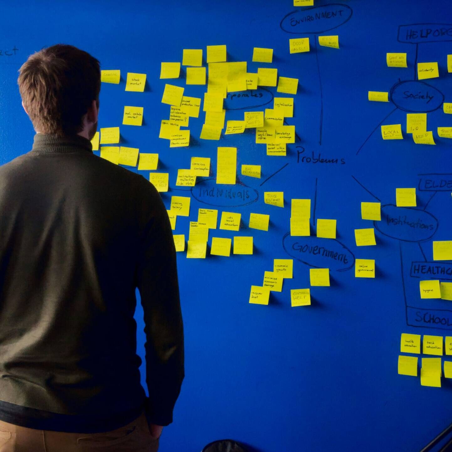 A brainstorming man looks at a wall covered with notes and ideas