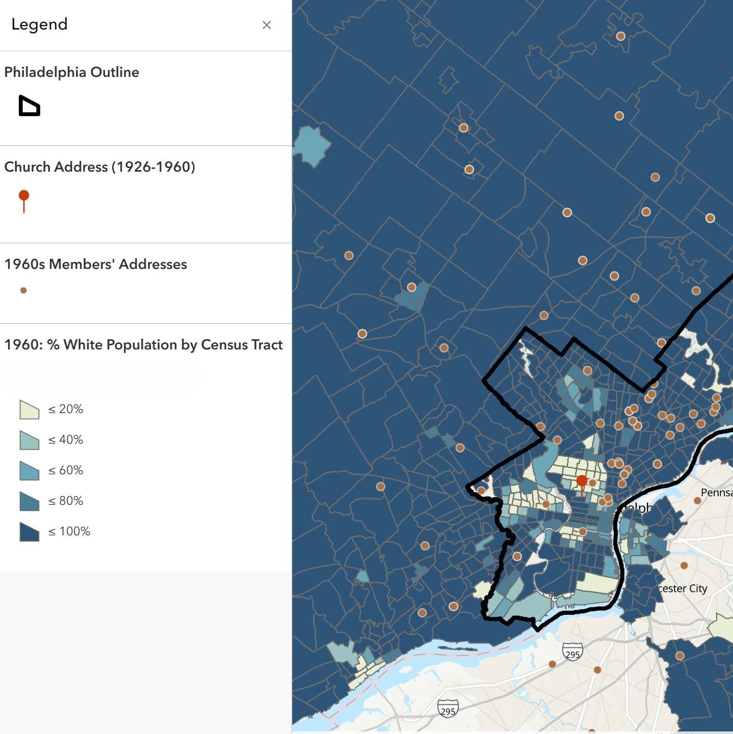 A map of church members' residential address, racial demographic data in each census tract, and an outline of Philadelphia in 1960