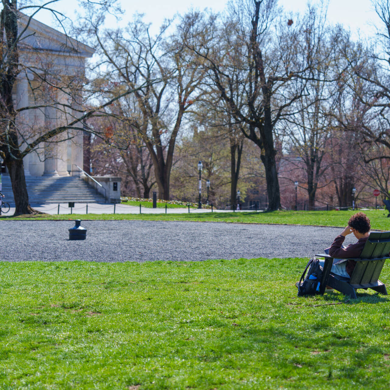 Student sits in a chair on a sunny day at Cannon Green