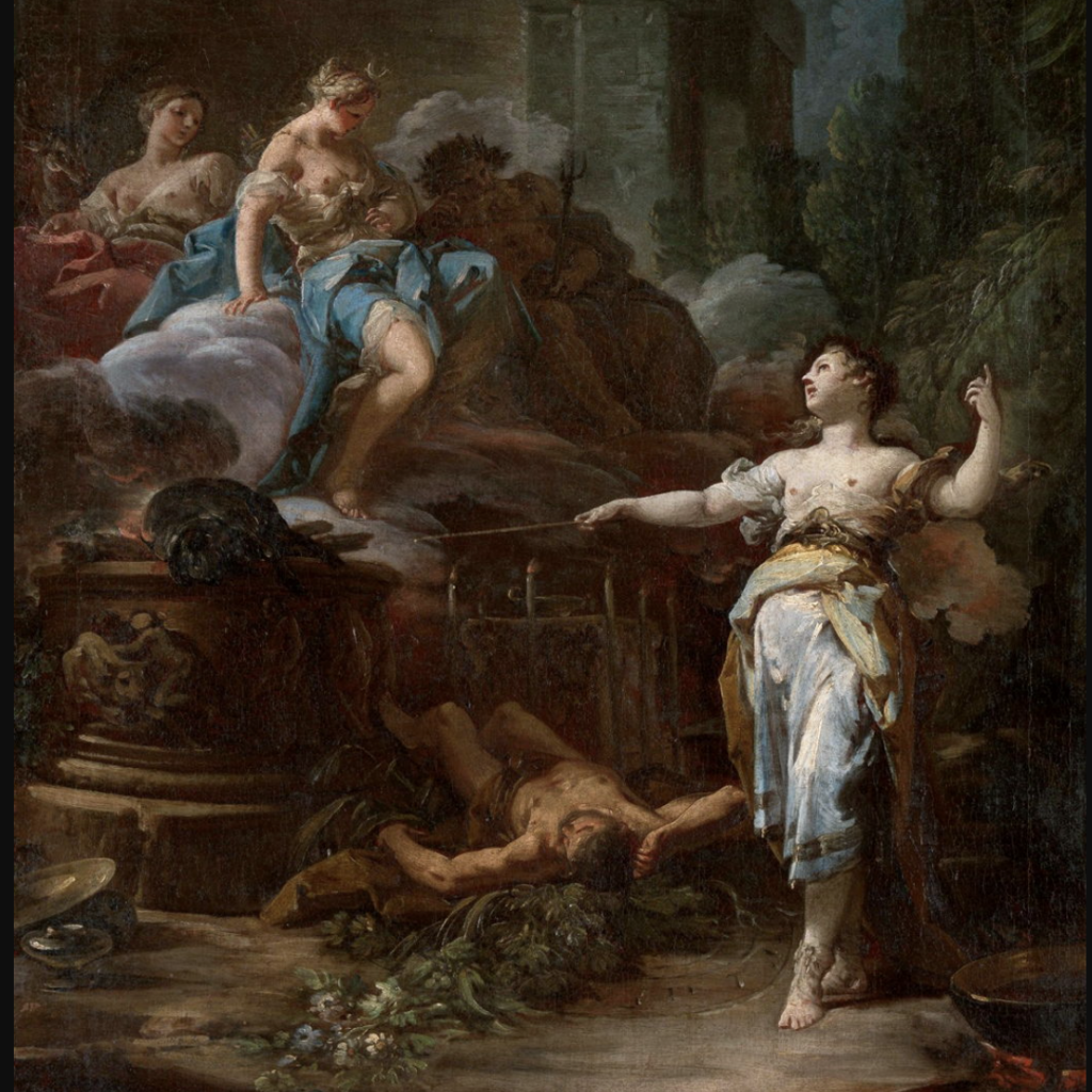 Metropolitan Museum of Art, New York, NY. Medea attempts to cure Aeson, her lover Jason's father. She dramatically points a wand to a cauldron. Above her, the gods Diana, Neptune, and Hecate watch.